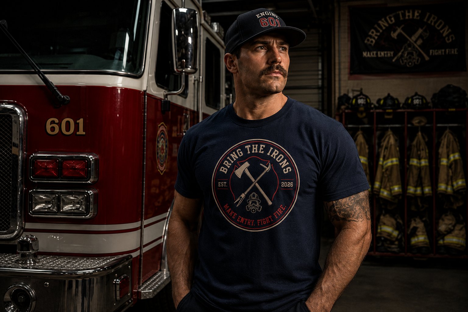 Firefighter wearing the Bring the Irons badge tee
