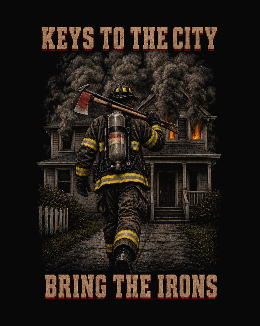 Keys to the City — firefighter carrying the irons to a working fire